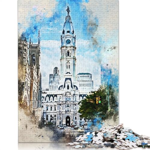 1500-teiliges Aquarell-Philadelphia-Puzzle für Erwachsene, schwierige Holzpuzzles, Lernspiel, Herausforderungsspielzeug, 1500 Stück (85 x 57 cm) von TBDUEPS