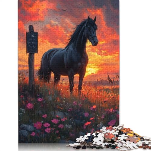 Black Horse Sunset Puzzle 1000-teilige Schwer Puzzle Spielzeug Pädagogisches Spiel Impossible Herausforderung Spielzeug Für Erwachsene Kinder 1000pcs (38x26cm) von TBDUEPS