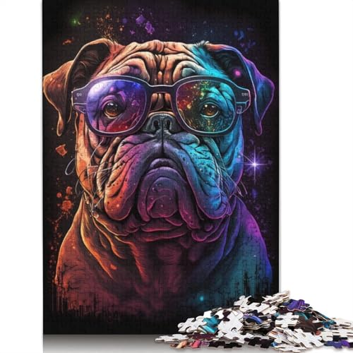Bulldogge mit Brille, Puzzle, Lernspiele, Familienaktivitäten, Premium-Karton-Puzzle für Frauen und Männer, 1000 Teile (75 x 50 cm) von TBDUEPS