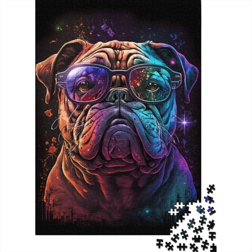 Bulldogge mit Brille, Puzzle, einzigartige Heimdekoration, 100% recycelter Karton, Puzzle für Jungen oder Mädchen, 300 Teile (40 x 28 cm) von TBDUEPS