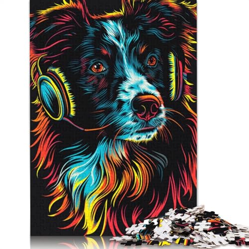 DJ Neon Border Collie 1000-teiliges Holzpuzzle für Erwachsene, Puzzle, Lernspiel, Herausforderungsspielzeug, 1000 Teile (75 x 50 cm) von TBDUEPS
