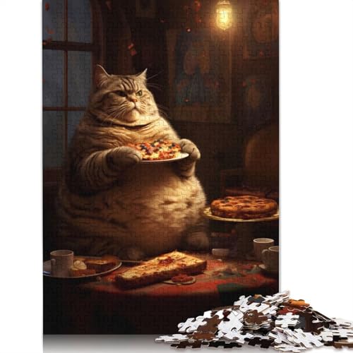Dicke Katze, Haustier isst Futter, Kuchen, Puzzles für Erwachsene, Holzpuzzles, Gehirntraining, Herausforderungsspiel, Unterhaltungsgeschenke, Familienaktivität, 1000 Teile (38 x 26 cm) von TBDUEPS