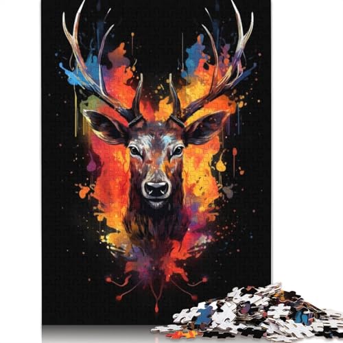 Hirsch, bunt, dunkel, BG, Puzzle für Erwachsene, Holzpuzzle, Gehirntraining, Herausforderung, Spiel, Unterhaltung, Geschenke, Familienaktivität, 1000 Teile (38 x 26 cm) von TBDUEPS