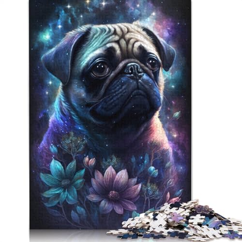 Mops mit Blumen-Puzzle, anpassbare Bilder, 100% recycelter Karton, Puzzle für Kinder und Erwachsene ab 12 Jahren, einzigartiges Geschenk, 1000 Teile (75 x 50 cm) von TBDUEPS