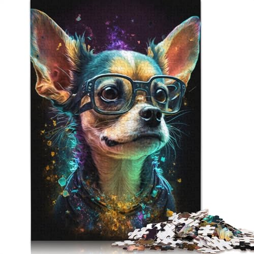 Puzzle „Cosmic Chihuahua mit Brille“, rechteckig, aus Pappe, 100% recyceltem Karton, für Erwachsene und Kinder, (75 x 50 cm) von TBDUEPS