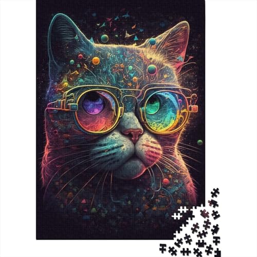 Puzzle „Kosmische Katze mit Brille“, Familienspaß, rechteckiges Papierpuzzle für Kinder und Erwachsene ab 12 Jahren, Geburtstagsgeschenk, 300 Teile (40 x 28 cm) von TBDUEPS
