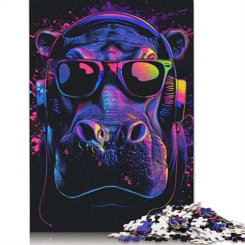 Puzzle für Erwachsene, 1000 Teile, Nilpferd mit Kopfhörern, Holzpuzzles für Erwachsene, nachhaltige Puzzlespiele, 1000 Stück (75 x 50 cm) von TBDUEPS