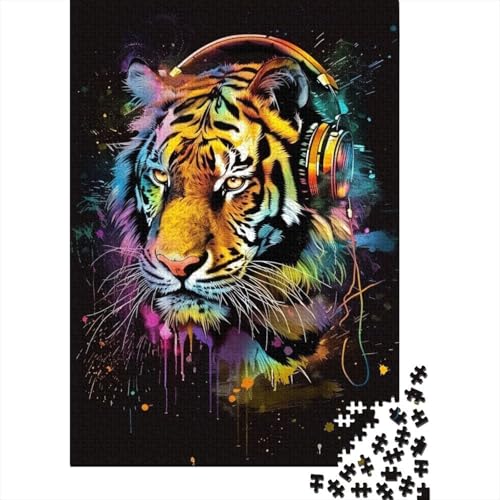 Puzzle für Erwachsene, 1000 Teile, Tiger mit Kopfhörern, Holzpuzzle für Erwachsene, Lernspiel, Herausforderungsspielzeug, 1000 Teile (38 x 26 cm) von TBDUEPS