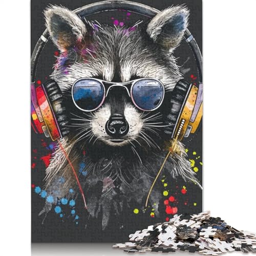 Waschbär mit Kopfhörern, Puzzle 1000 Teile, Holzpuzzle für Erwachsene und Jugendliche, Familienspiel, 1000 Teile (75 x 50 cm) von TBDUEPS