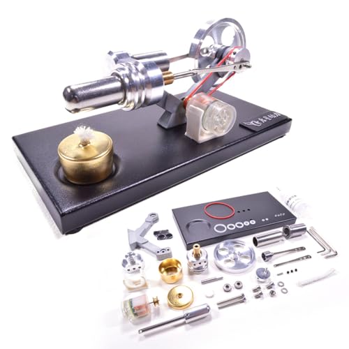 TBRICKFUNR Metallmotor Modellbausatz, Zylinder Stirling Motor Generator Wärmemotor mit 4 LED-Leuchten und schwarzem Metallsockel DIY Dampfmodell Set, (Montage Version) von TBRICKFUNR