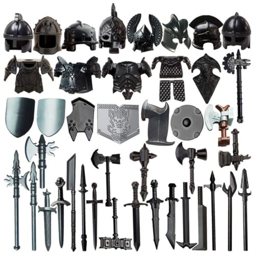 TBRICKFUNR Mittelalterliche Ritter Waffen Zubehör Bausteine Set Enthalten Helm, Schilde und Schwerter, Militär Waffenpaket Set, Modular Building Geschenk für Erwachsene - 42 Stück von TBRICKFUNR