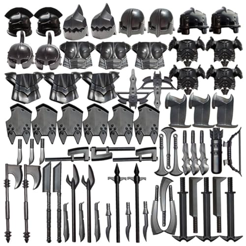 TBRICKFUNR Mittelalterliche Ritter Waffen Zubehör Bausteine Set Enthalten Helm, Schilde und Schwerter, Militär Waffenpaket Set, Modular Building Geschenk für Erwachsene - 66 Stück von TBRICKFUNR