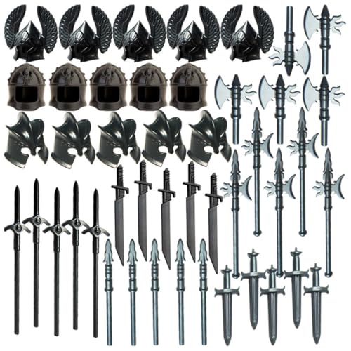 TBRICKFUNR Mittelalterliche Ritter Waffen Zubehör Bausteine Set Enthalten Rüstungen, Schild, Schwert und Helme, Militär Waffenpaket Set, Modular Building Geschenk für Erwachsene - 45 Stück von TBRICKFUNR