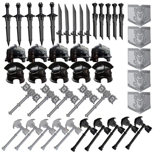 TBRICKFUNR Mittelalterliche Ritter Waffen Zubehör Bausteine Set Enthalten Rüstungen, Schild, Schwert und Helme, Militär Waffenpaket Set, Modular Building Geschenk für Erwachsene - 45 Stück von TBRICKFUNR