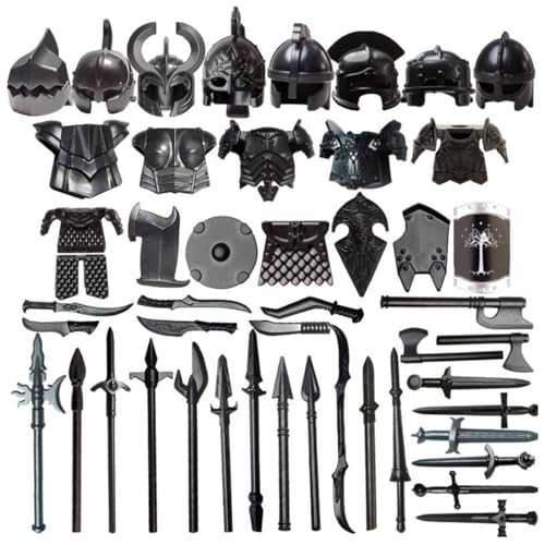 TBRICKFUNR Mittelalterliche Ritter Waffen Zubehör Bausteine Set Enthalten Rüstungen, Schild, Schwert und Helme, Militär Waffenpaket Set, Modular Building Geschenk für Erwachsene - 47 Stück von TBRICKFUNR