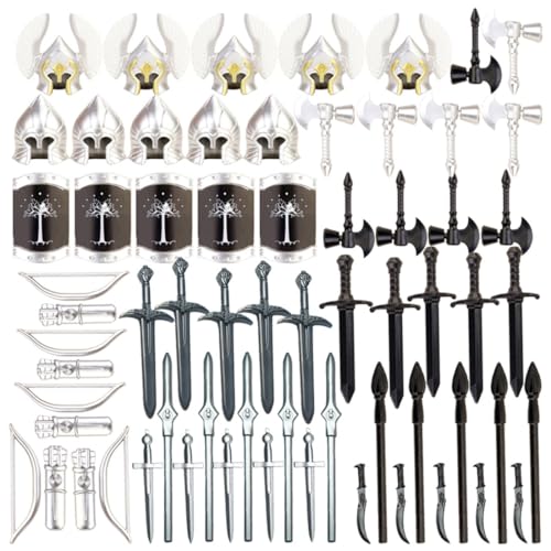 TBRICKFUNR Mittelalterliche Ritter Waffen Zubehör Bausteine Set Enthalten Rüstungen, Schild, Schwert und Helme, Militär Waffenpaket Set, Modular Building Geschenk für Erwachsene - 60 Stück von TBRICKFUNR
