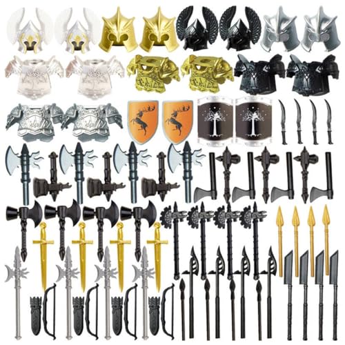 TBRICKFUNR Mittelalterliche Ritter Waffen Zubehör Bausteine Set Enthalten Rüstungen, Schild, Schwert und Helme, Militär Waffenpaket Set, Modular Building Geschenk für Erwachsene - 74 Stück von TBRICKFUNR