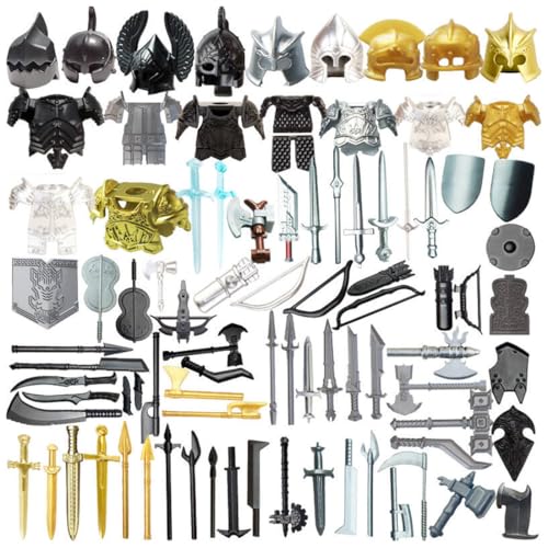 TBRICKFUNR Mittelalterliche Ritter Waffen Zubehör Bausteine Set Enthalten Rüstungen, Schild, Schwert und Helme, Militär Waffenpaket Set, Modular Building Geschenk für Erwachsene - 83 Stück von TBRICKFUNR