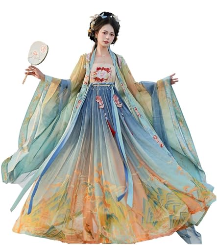 TBTROQXCT Chinesische Hanfu-Kostümkleider for Cosplay-Halloween-Partys, besticktes Langarm-Oberteil und Rock-Set(A-blue,S) von TBTROQXCT