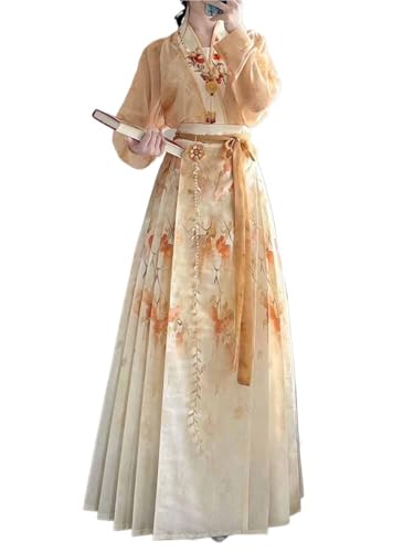 TBTROQXCT Chinesisches altes Hanfu-Party-Outfit for Damen, Sommer, bedruckt, modern, gelbes Oberteil, Faltenrock, 3-teiliges Set, Übergröße XL(XS) von TBTROQXCT