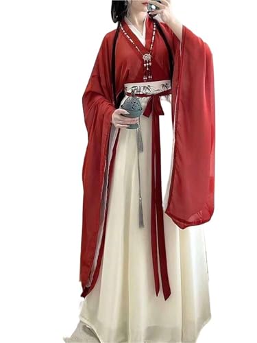 TBTROQXCT Frauen Chinesischen Hanfu Kleid Grün & Rot Halloween Karneval Bühne Leistung Fee Cosplay Kostüm Sommer(Red set,S) von TBTROQXCT