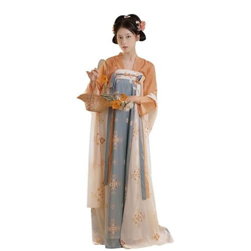 TBTROQXCT Hanfu-Kleid for Frauen und Mädchen, Hemd, alte chinesische Tradition, Schnürkleid, langärmeliges Outfit, Bühnenauftritt, Cosplay, Halloween-Kostüm(Orange Blue,M) von TBTROQXCT