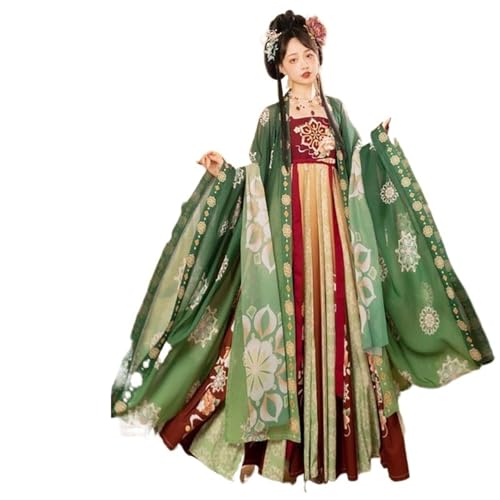 TBTROQXCT Übergroßes 4XL Hanfu-Kleid for Damen, altes chinesisches traditionelles Karnevalskostüm, grünes und rotes Kleid(Green 3pcs set,4XL) von TBTROQXCT