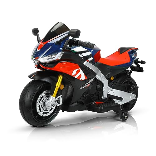 TCARAIWEN Aprilia Lizenzierte 24V Kinder Elektro-Motorrad, Geschwindigkeit bis zu 12 km/h Ride-On Motorrad mit Stützrädern, Schlüsselschalter und MP3 (Gewöhnlicher Motorren - 24V, Blau) von TCARAIWEN