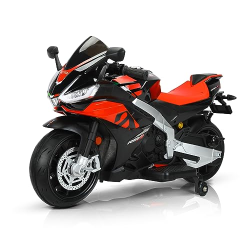 TCARAIWEN Aprilia Lizenzierte 24V Kinder Elektro-Motorrad, Geschwindigkeit bis zu 12 km/h Ride-On Motorrad mit Stützrädern, Schlüsselschalter und MP3 (Gewöhnlicher Motorren - 24V, Schwarz) von TCARAIWEN