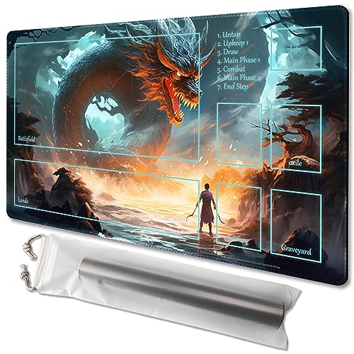 MTG Spielmatte, Größe 61 x 35,6 cm, kostenlose Aufbewahrungstaschen, rutschfeste Rückseite, ideal für Kartenspiel-Enthusiasten, TCG-Spielmatte (mit Zone, einem Schwertkämpfer) von TCGMAT