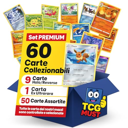 TCGMust Premium-Set – 60 original italienische Karten – enthält mindestens 9 glitzernde Karten (Holo/Reverse) und 1 EX Ultrararara-Karte geschützt durch Schutzbeutel/Sleeve von TCGMust