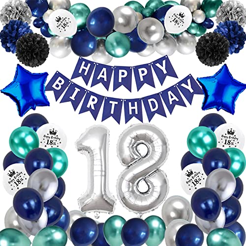 TCJJ 18. Geburtstag Junge Luftballons, Deko 18. Geburtstag Junge Blau Silber Set,Ballon 18. Geburtstag Junge Partydekorationen Mit Geburtstagsbanner,Blumenkugel Aus Papier,Folienballon von TCJJ