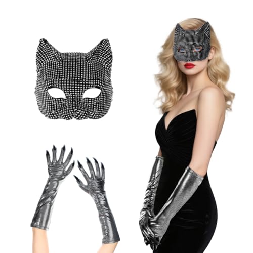 2 Stück Halloween-Kostüm für Damen, Katzenmaske mit Strass, glitzernd, Handschuhe mit Katzenklauen, halbe Maskerade-Maske, Cosplay, Kostüm, Halloween-Party, für Karneval, Party von TCNGKIJIUK