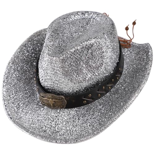 Damen Herren Cowboyhut Pailletten Cowgirl Hut Western Glänzend Kostüm Party Disco Halloween Retro Cosplay Zubehör für Halloween Karneval Kostüm Cosplay - Silber von TCNGKIJIUK