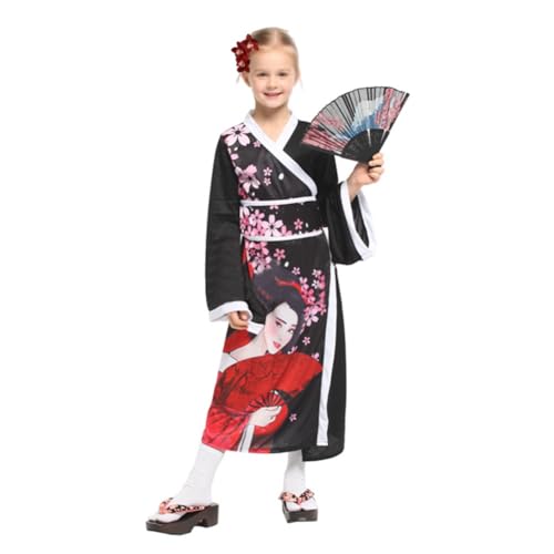 TCNGKIJIUK Japanischer Kimono für Mädchen, japanisches Yukata-Kleid, bedruckt, Kinder, Bademantel, traditionell, Party-Kostüm für Halloween, Cosplay, Hochzeit, Performance – Schwarz von TCNGKIJIUK