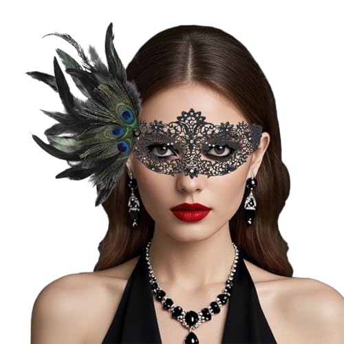 TCNGKIJIUK Maskerade-Maske für Damen, Ballmaske aus Spitze mit Federn, Halbmaske Venezianisch mit Federn mit Strass, Kostüm-Zubehör für Halloween, Party, Karneval, Cocktail, Cosplay, Abend von TCNGKIJIUK