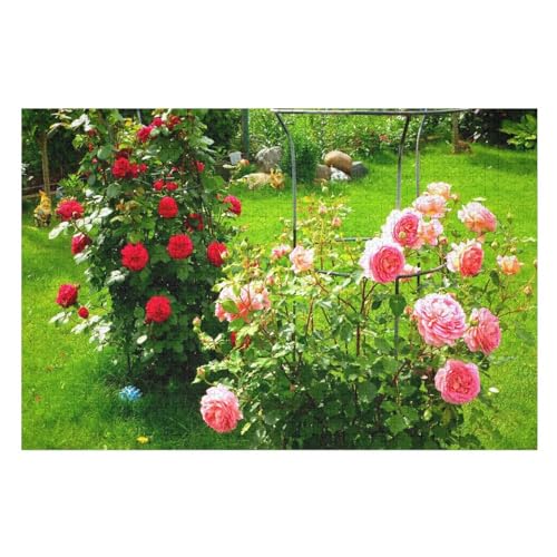 Garden red and pink Roses Green Meadow，，Puzzle für Erwachsene und Kinder ab 14 Jahren, 1000 StüCk，，Lernspielzeug FüR Kinder 70x50Papier von TCzRZ