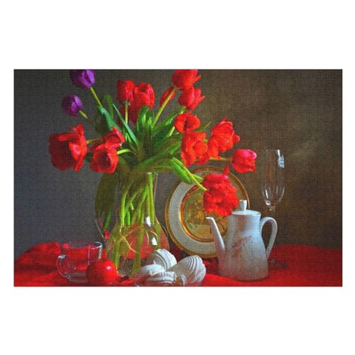 Red Tulip Flowers, Apple, vase, Cup, ，Puzzle für Erwachsene und Kinder ab 14 Jahren, 1000 StüCk，，Lernspielzeug FüR Kinder 75x50Holz von TCzRZ