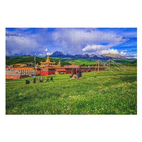 Temple, Mountains, Grass, Clouds,，Puzzle für Erwachsene und Kinder ab 14 Jahren, 1000 StüCk，，Lernspielzeug FüR Kinder 70x50Papier von TCzRZ