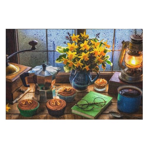 Yellow Daffodils, Cupcakes, lamp, Window, Book, ，Puzzle für Erwachsene und Kinder ab 14 Jahren, 1000 StüCk，，Lernspielzeug FüR Kinder 52x38Papier von TCzRZ
