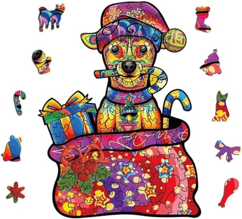 Holzpuzzle Erwachsene,Weihnachtshund Tierpuzzle Anzug Unregelmäßige Einzigartige Form Puzzleteile für Erwachsene,Puzzle für Kinder ab 10 Jahren und Erwachsene(Weihnachtshund-100stk) von TDDKFB