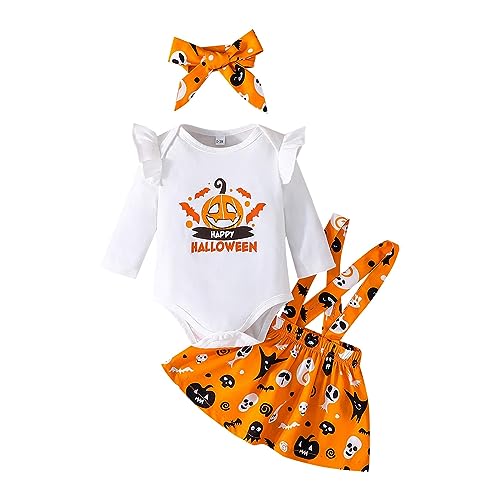 TDEOK Baby Halloween Kostüm 1 Jahr Kleinkind Baby Mädchen Einfarbig Langarm Tops Halloween Gedruckt Kleid Outfits Set Pulli Mädchen (Orange-2, 0-3 Months) von TDEOK