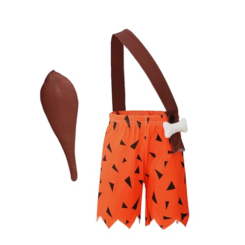 TDEOK Jungen-Halloween-Kostüm, lustiges Kleinkinder-Set, Hilltop Caveman Dress Up mit Requisiten, Holzstab Schlafanzug 98 Mädchen (Orange, 3-4 Years) von TDEOK