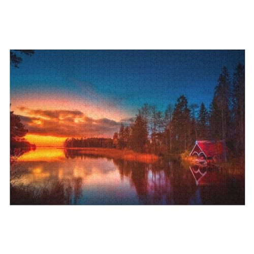 Klassische Puzzle für Erwachsene Teenager Freizeit Spaß Spiel Spielzeug Geeignet，, Lake House Trees Sunset, ，Lernspielzeug FüR Kinder Holz 75x50 von TDXYz