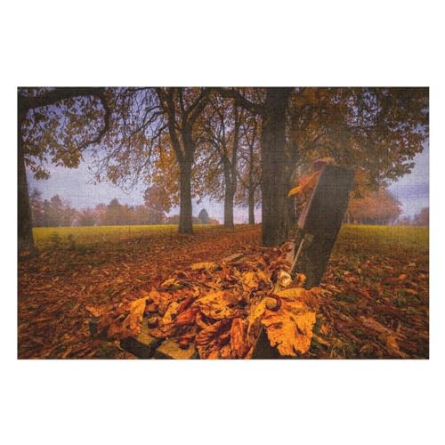 Klassische Puzzle für Erwachsene Teenager Freizeit Spaß Spiel Spielzeug Geeignet，Autumn, Trees, Fog, Bench, Yellow Leaves, Grass，，Lernspielzeug FüR Kinder Holz 75x50 von TDXYz