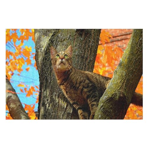 Puzzle für Erwachsene und Kinder ab 14 Jahren, 1000 StüCk，Green Eyes cat on Maple Tree，，Lernspielzeug FüR Kinder Holz 75x50 von TDXYz