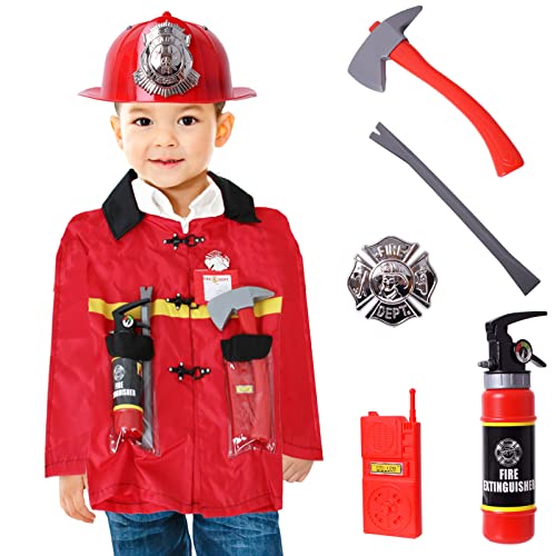 TE-Trend Feuerwehr Kostüm Kinder Spielzeug Jungen Mädchen Karneval Halloween mit Feuerwehrhelm Brecheisen und Wasserspielzeug 3 4 5 6 7 Jahren rot von TE-Trend
