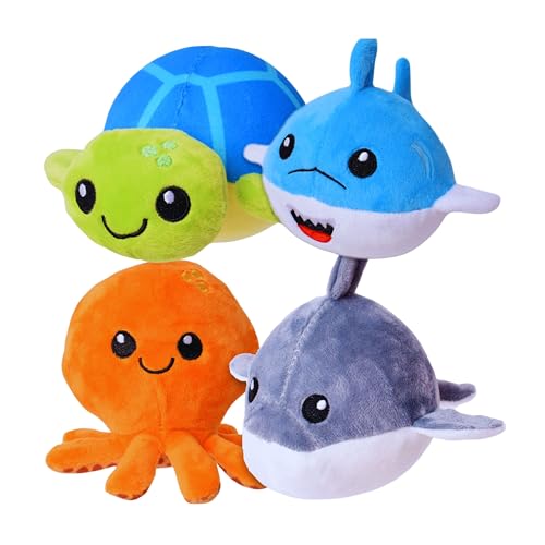 TE-Trend 4 Stück Stressball Kinder Squishy Set Fidget Toys Anti Stress Bälle Meerestiere Plüsch Kuscheltiere 12 cm Mehrfarbig von TE-Trend