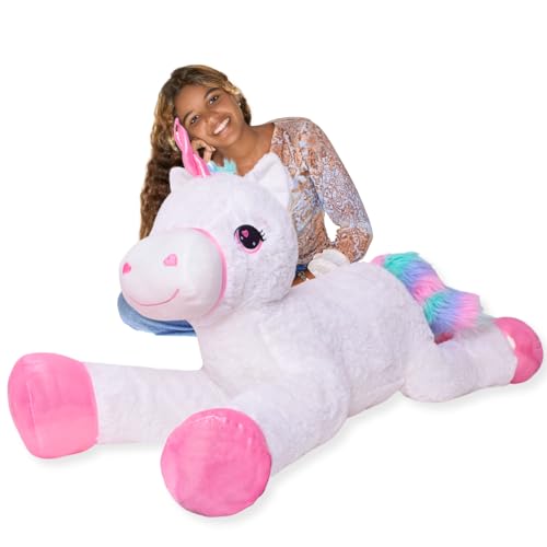 TE-Trend XXL Einhorn Plüschtier 120cm weiß - Kuscheltier mit rosa Glitzerhorn und Regenbogen Schweif, ideales Stofftier für liebevolles Schenken von TE-Trend