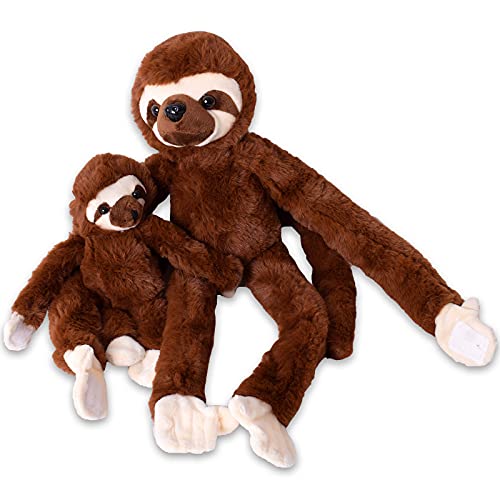 TE-Trend Faultier Kuscheltier Faultier mit Baby Jungtier Stofftier Sloth Plüschtier sitzend oder hängend mit Klettverschluss 43cm Braun von TE-Trend